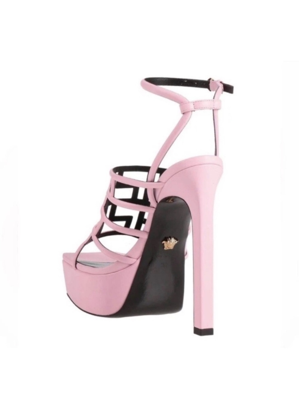 New! VERSACE Greca Maze Pink Leather Platform Sandals Heels IT 38 - Picture 5 of 13